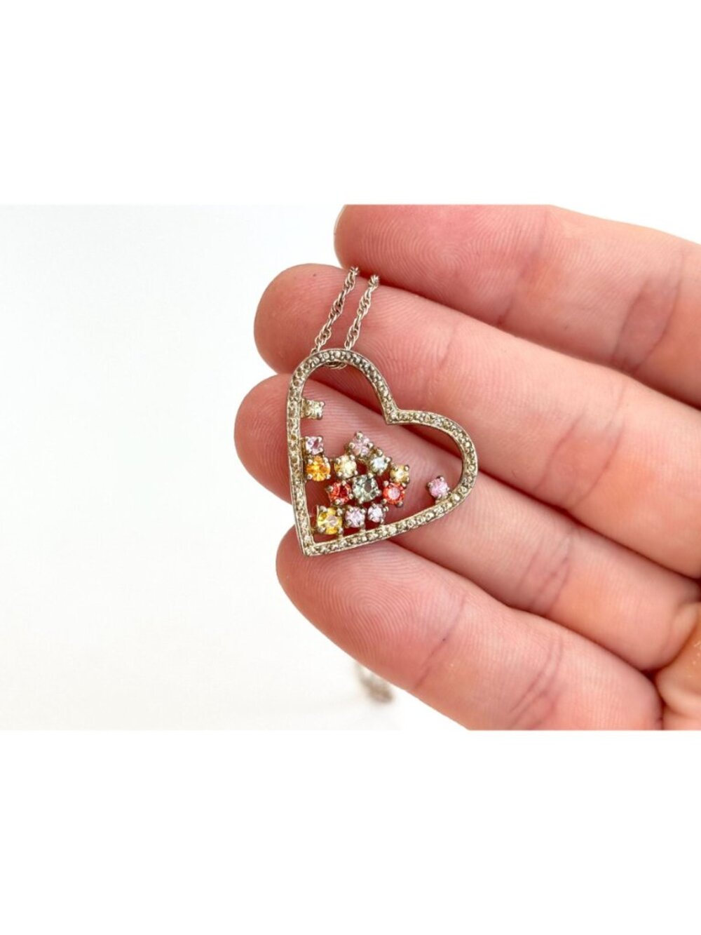 Rainbow Gemstone Heart Shaped Sterling Silver 925 Vintage Pendant Necklace - 18" - Picture 15 of 16